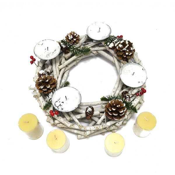 Adventskranz rund, Weihnachtsdeko Tischkranz, Holz Ø 35cm weiß-grau mit Kerzen
