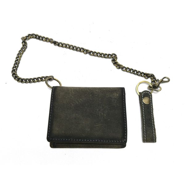 Echtes Büffel-Vollleder Geldbeutel mit Metallkette, RFID - Vintage Grau