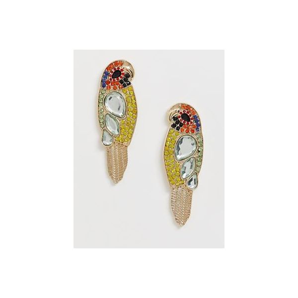 ASOS DESIGN – Goldfarbene Ohrringe mit buntem Papageiendesign 1513719