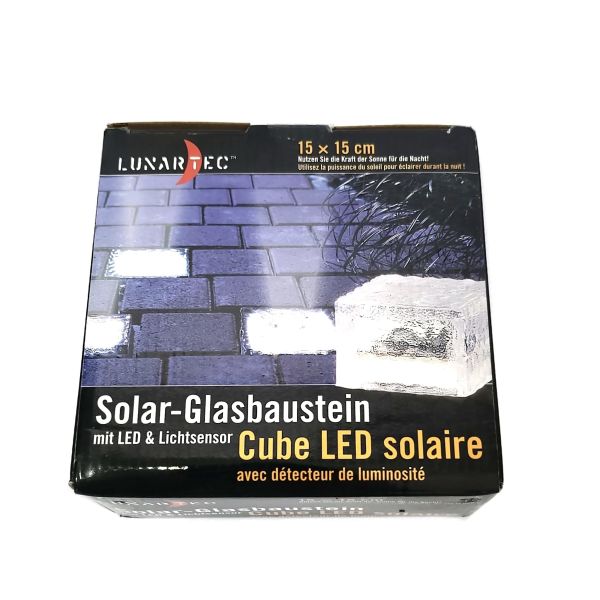 Lunartec LED Stein: Solar LED Glasbaustein mit Lichtsensor, L (15x15x5cm)