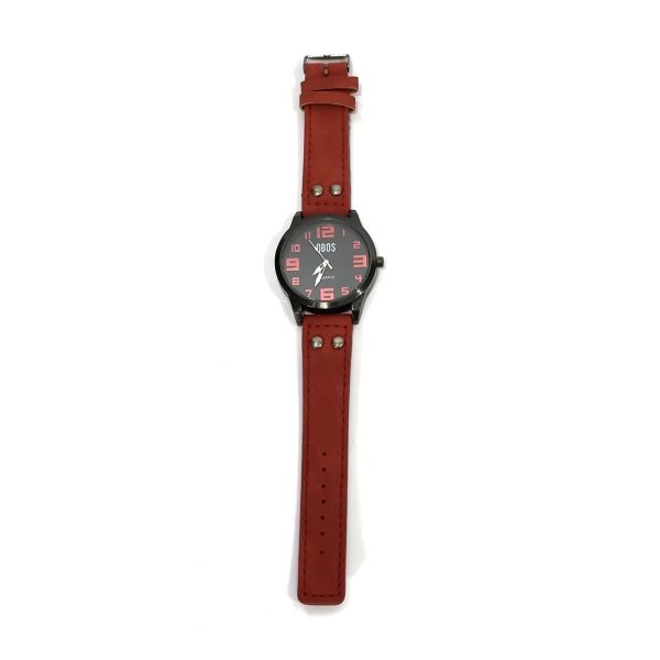 QBOS Damenuhr Schwarz Rot Analog Metall Leder Quarz Armbanduhr