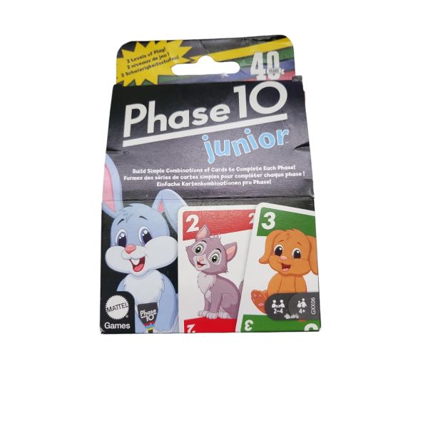 Mattel Games Phase 10 Junior - Rommé-artiges Spiel mit Mehreren Spielebenen, 56 Karten mit Tierbildern, für 2 bis 4 Spieler, für Kinder ab 4 Jahren, GXX06