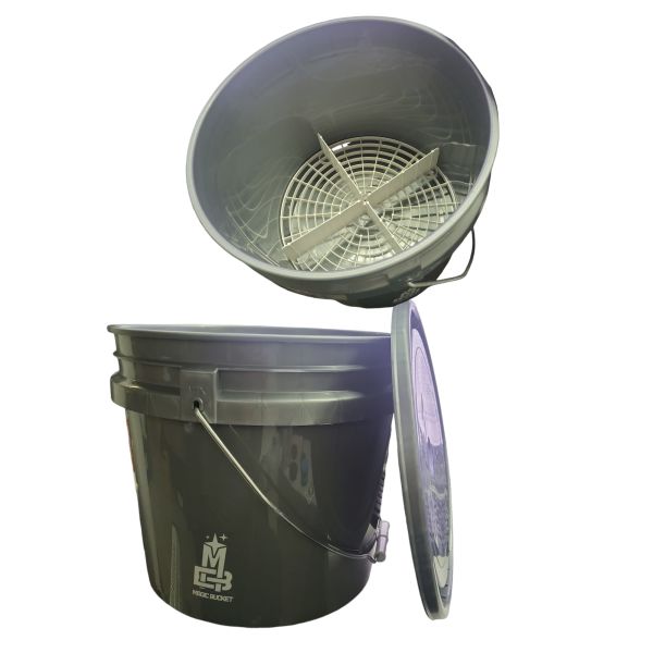 MAGIC BUCKET | Wascheimer Set für Auto Handwäsche Grau mit passendem Eimer Deckel | 3,5 US GALLONEN ca. 13 Liter | kompatibel mit Grit Guard, Detail Guardz Dirt Lock, Chemical Guys Dirt Trap