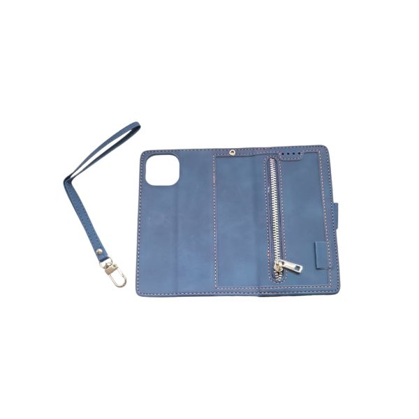 UEEBAI Hülle für iPhone 13 Mini Zoll, Vintage Reißverschluss Handyhülle PU Leder Handytasche Silikon Bumper mit 9 Kartenfächer Standfunktion Klapphüllen Trageband Schutzhülle Flip Case - Blau