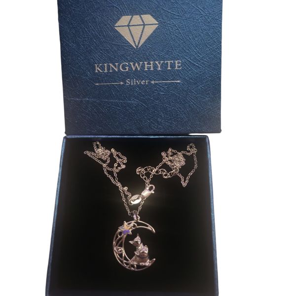 KINGWHYTE Kette Katze 925 Sterling Silber Kristall Anhänger Katze auf Mond Anhänger Halskette Schmuck Geschenke für Frauen Ihre Frau Mädchen